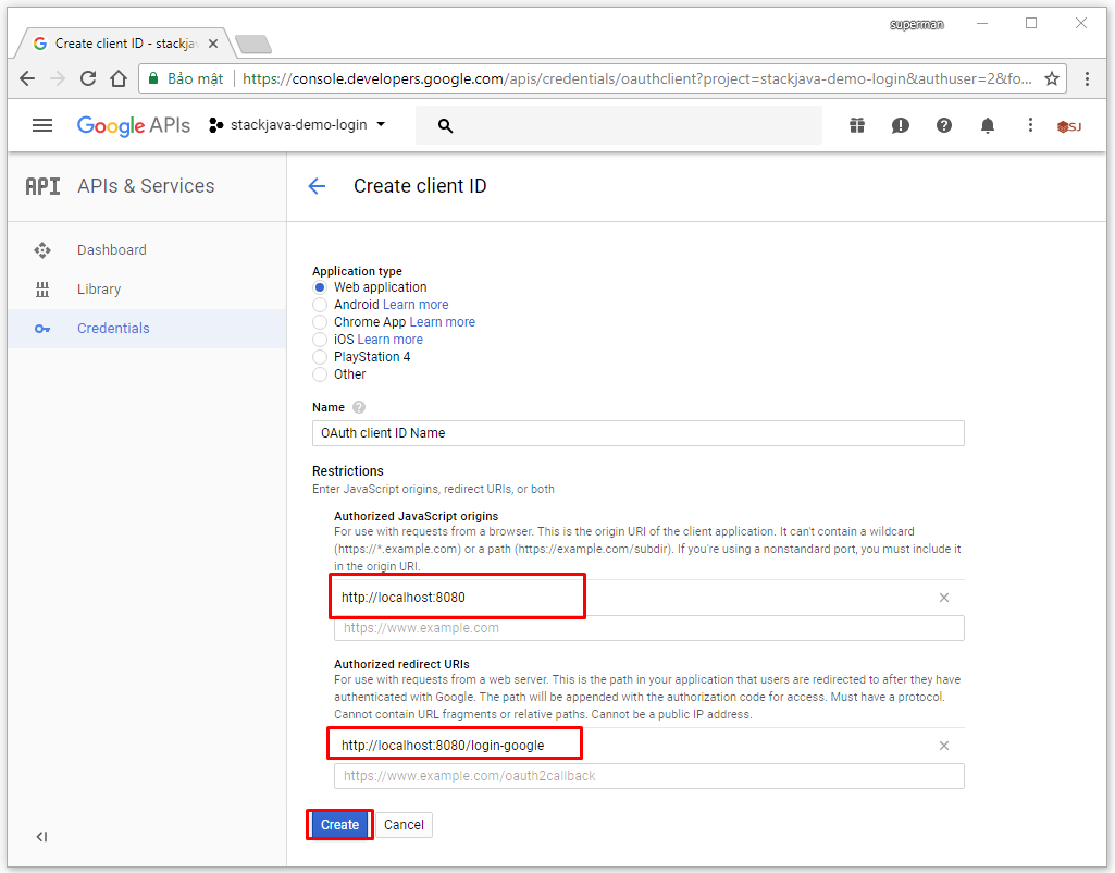 Tạo ứng dụng google+ để đăng nhập thay tài khoản